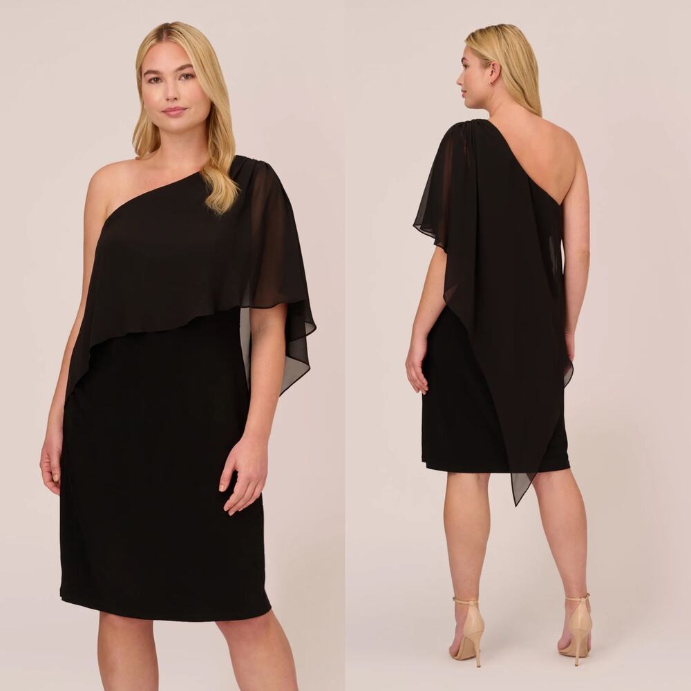 NWT Adrianna Papell Sz 8 Black One Shoulder Cocktail Evening Dress Chiffon Cape